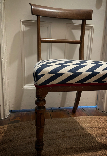 Chair seat reupholstered in Virginia White's Zig Zag
